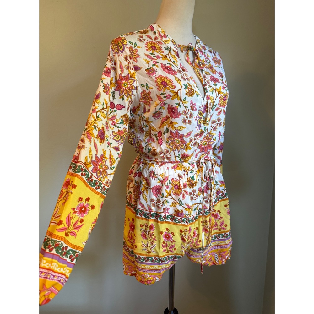 Floral Boho Long Sleeve Romper White Yellow Pink Small dainty resort whimsigoth